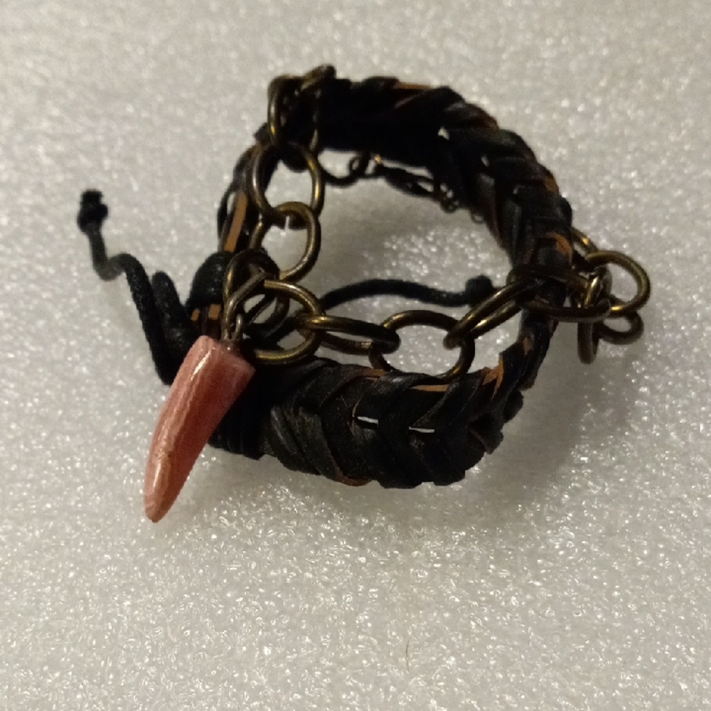 Handmade Leather Bracelet and a circle link chainbracelet with rose quartz tooth
